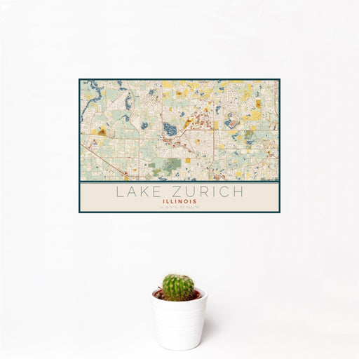 12x18 Lake Zurich Illinois Map Print Landscape Orientation in Woodblock Style With Small Cactus Plant in White Planter