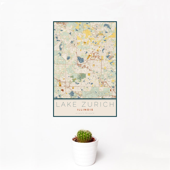 12x18 Lake Zurich Illinois Map Print Portrait Orientation in Woodblock Style With Small Cactus Plant in White Planter