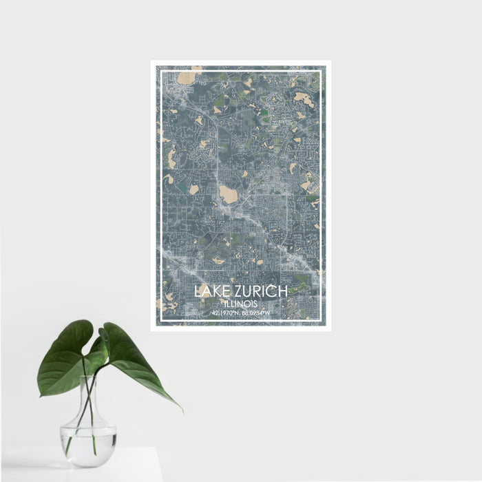 16x24 Lake Zurich Illinois Map Print Portrait Orientation in Afternoon Style With Tropical Plant Leaves in Water