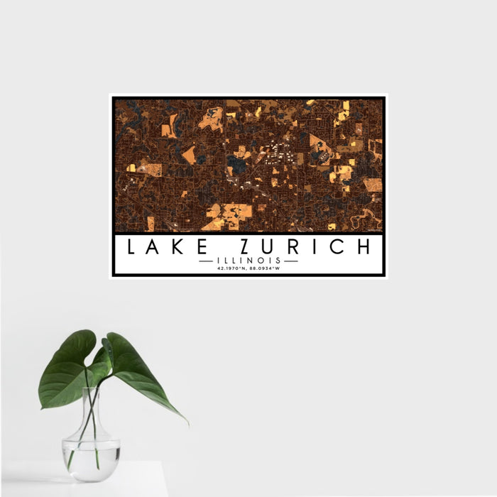 16x24 Lake Zurich Illinois Map Print Landscape Orientation in Ember Style With Tropical Plant Leaves in Water