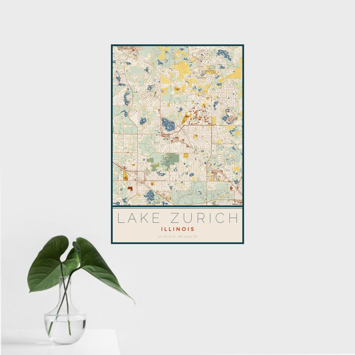 16x24 Lake Zurich Illinois Map Print Portrait Orientation in Woodblock Style With Tropical Plant Leaves in Water