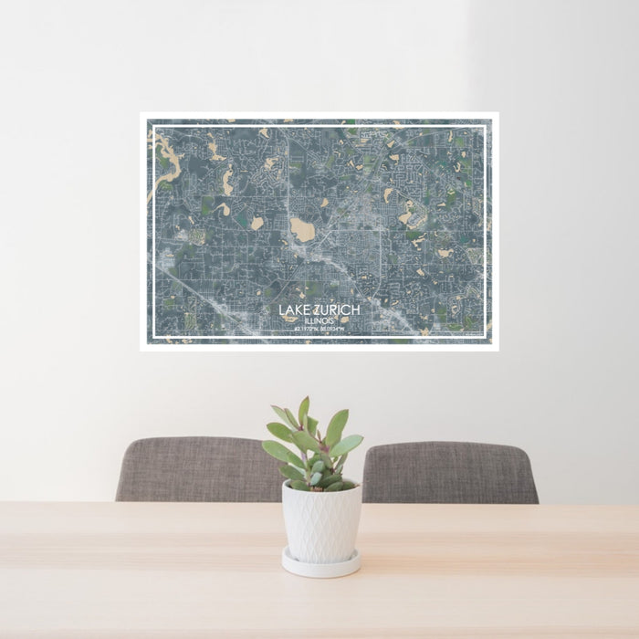 24x36 Lake Zurich Illinois Map Print Lanscape Orientation in Afternoon Style Behind 2 Chairs Table and Potted Plant