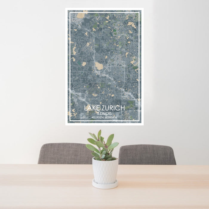 24x36 Lake Zurich Illinois Map Print Portrait Orientation in Afternoon Style Behind 2 Chairs Table and Potted Plant