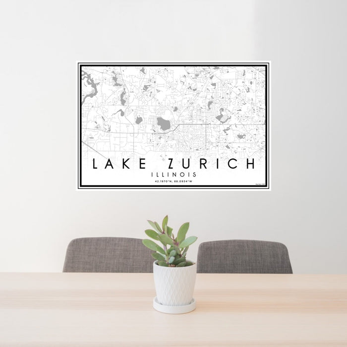 24x36 Lake Zurich Illinois Map Print Lanscape Orientation in Classic Style Behind 2 Chairs Table and Potted Plant
