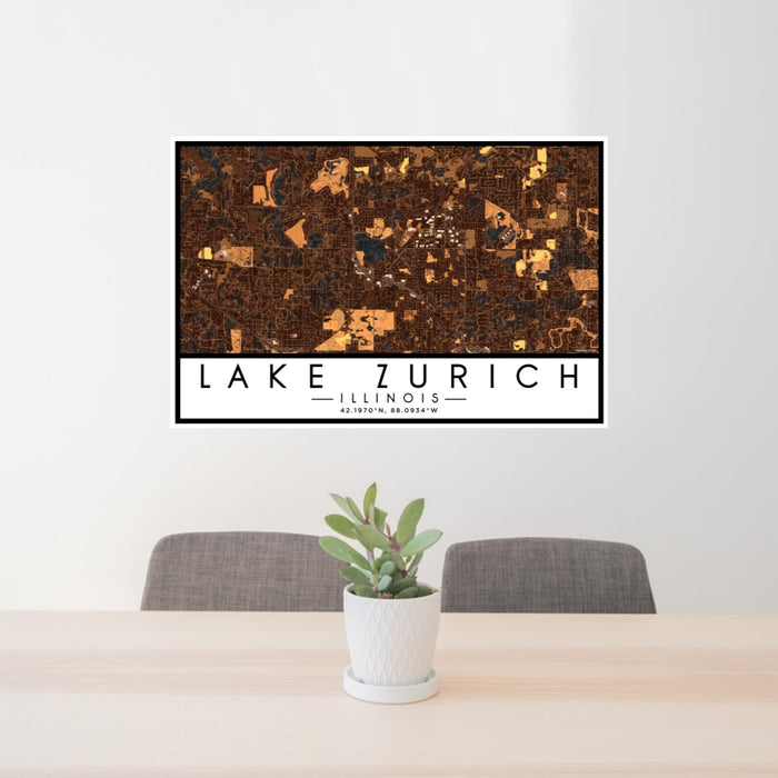24x36 Lake Zurich Illinois Map Print Lanscape Orientation in Ember Style Behind 2 Chairs Table and Potted Plant