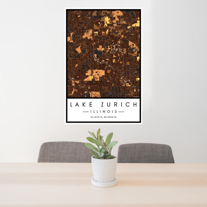 24x36 Lake Zurich Illinois Map Print Portrait Orientation in Ember Style Behind 2 Chairs Table and Potted Plant