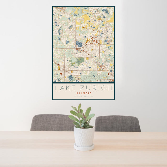24x36 Lake Zurich Illinois Map Print Portrait Orientation in Woodblock Style Behind 2 Chairs Table and Potted Plant