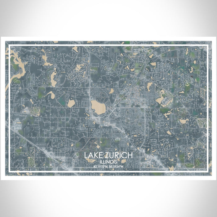 Lake Zurich Illinois Map Print Landscape Orientation in Afternoon Style With Shaded Background
