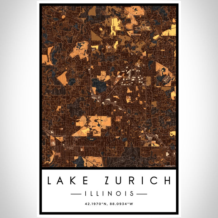 Lake Zurich Illinois Map Print Portrait Orientation in Ember Style With Shaded Background