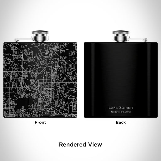 Rendered View of Lake Zurich Illinois Map Engraving on 6oz Stainless Steel Flask in Black