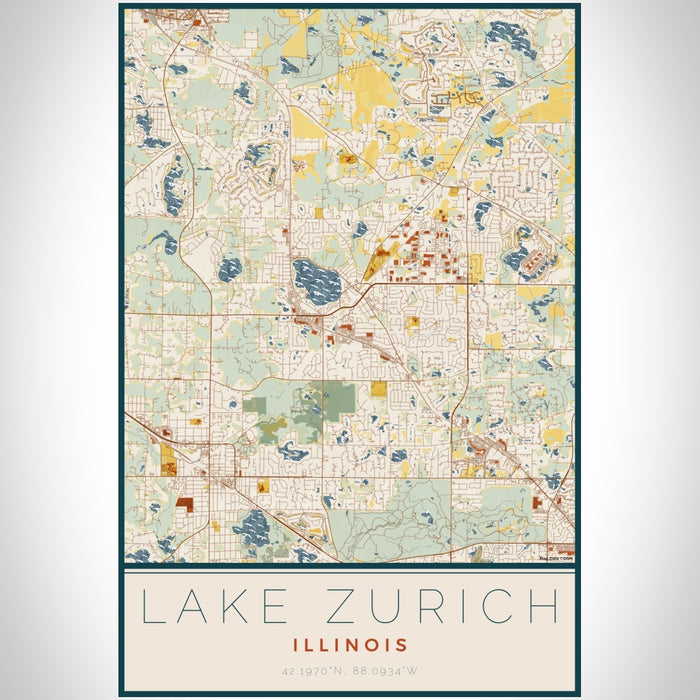 Lake Zurich Illinois Map Print Portrait Orientation in Woodblock Style With Shaded Background