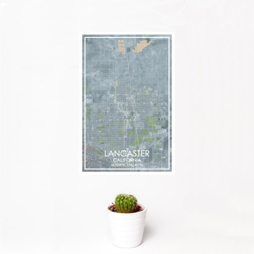 12x18 Lancaster California Map Print Portrait Orientation in Afternoon Style With Small Cactus Plant in White Planter