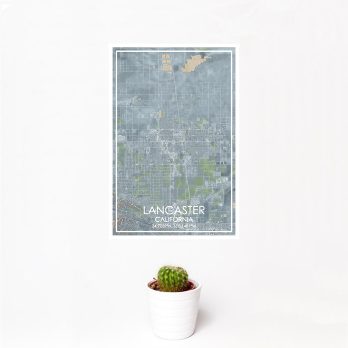 12x18 Lancaster California Map Print Portrait Orientation in Afternoon Style With Small Cactus Plant in White Planter