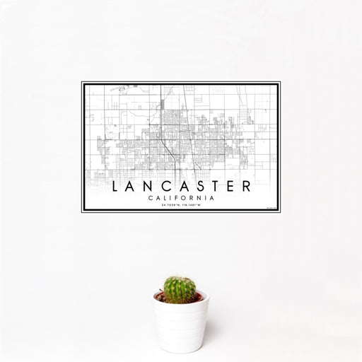 12x18 Lancaster California Map Print Landscape Orientation in Classic Style With Small Cactus Plant in White Planter