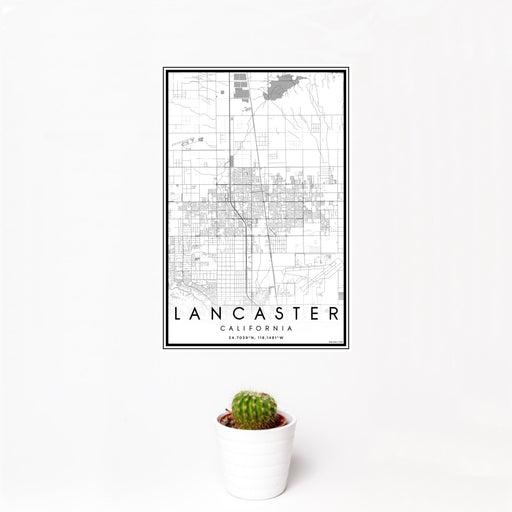 12x18 Lancaster California Map Print Portrait Orientation in Classic Style With Small Cactus Plant in White Planter