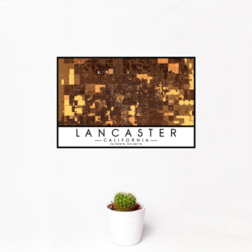 12x18 Lancaster California Map Print Landscape Orientation in Ember Style With Small Cactus Plant in White Planter