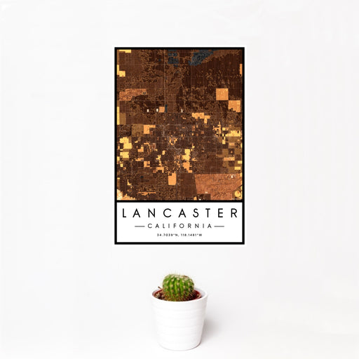 12x18 Lancaster California Map Print Portrait Orientation in Ember Style With Small Cactus Plant in White Planter