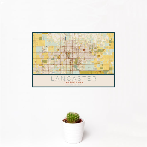 12x18 Lancaster California Map Print Landscape Orientation in Woodblock Style With Small Cactus Plant in White Planter