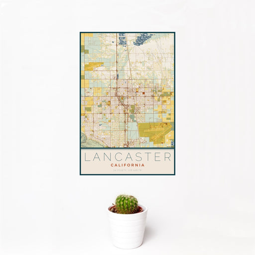 12x18 Lancaster California Map Print Portrait Orientation in Woodblock Style With Small Cactus Plant in White Planter