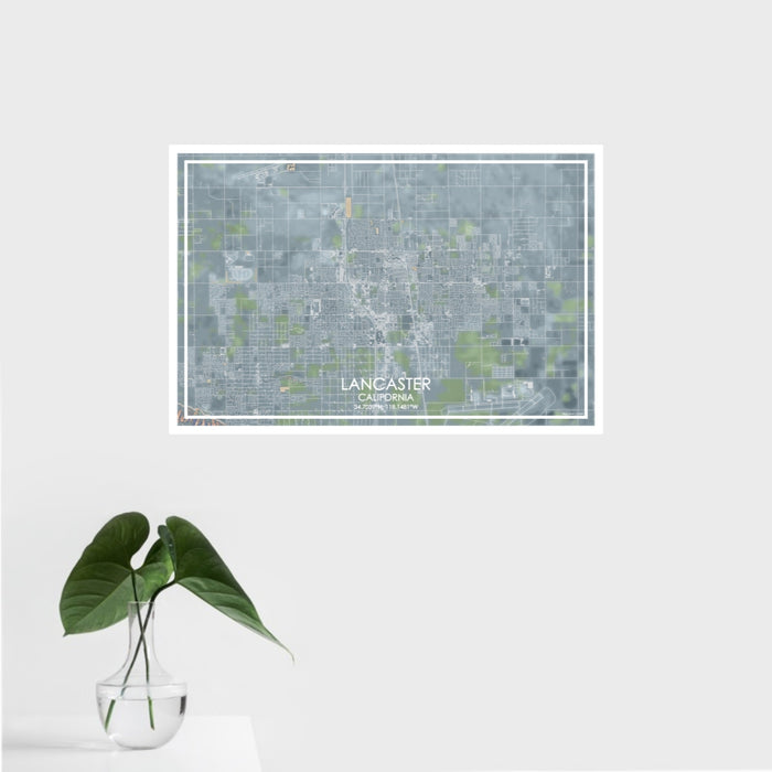 16x24 Lancaster California Map Print Landscape Orientation in Afternoon Style With Tropical Plant Leaves in Water