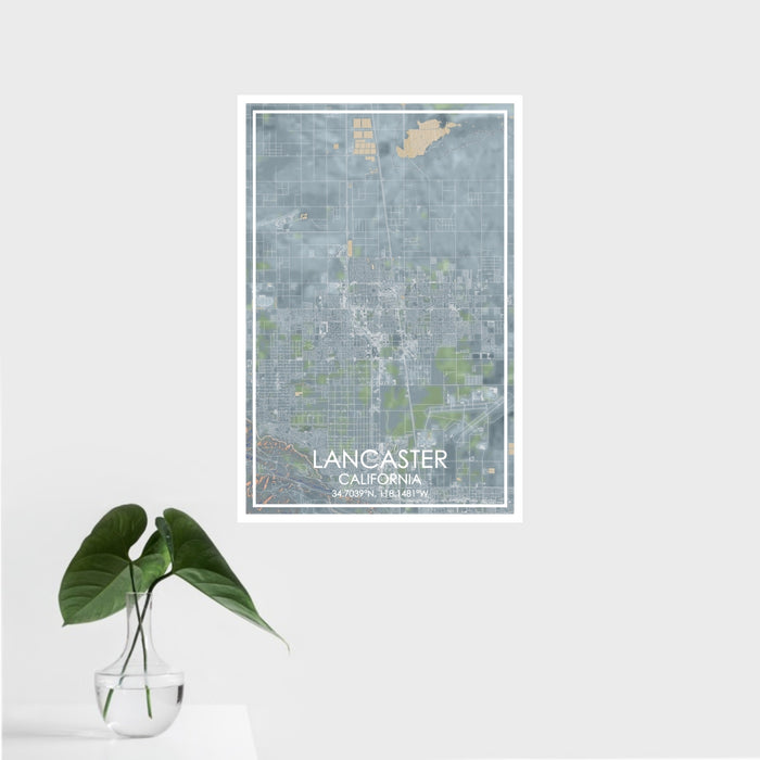 16x24 Lancaster California Map Print Portrait Orientation in Afternoon Style With Tropical Plant Leaves in Water