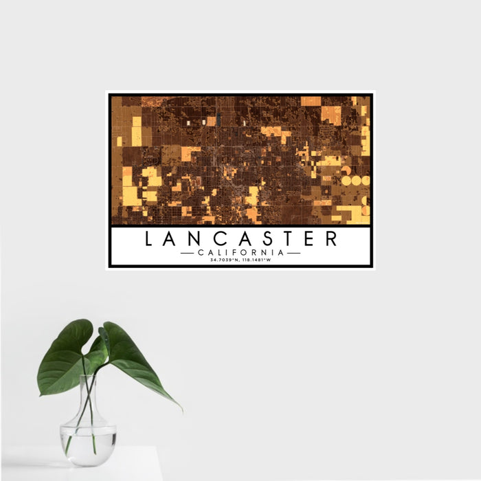 16x24 Lancaster California Map Print Landscape Orientation in Ember Style With Tropical Plant Leaves in Water