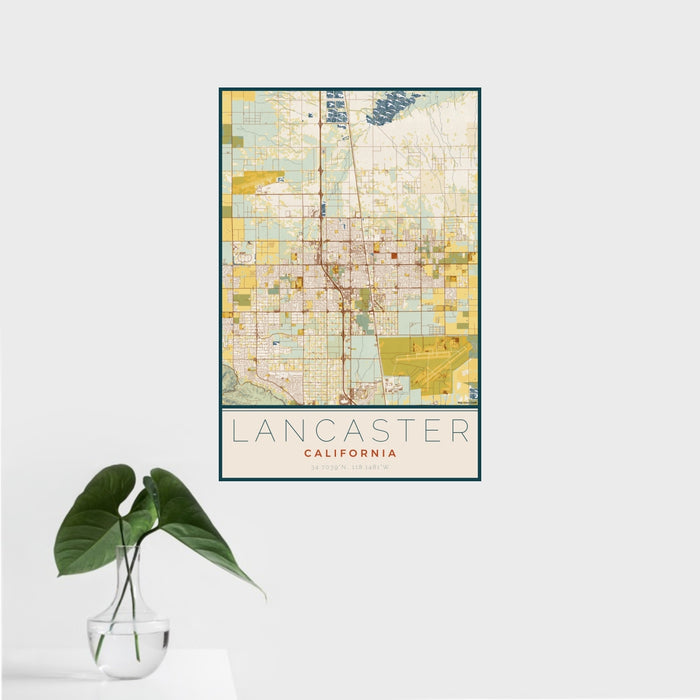 16x24 Lancaster California Map Print Portrait Orientation in Woodblock Style With Tropical Plant Leaves in Water