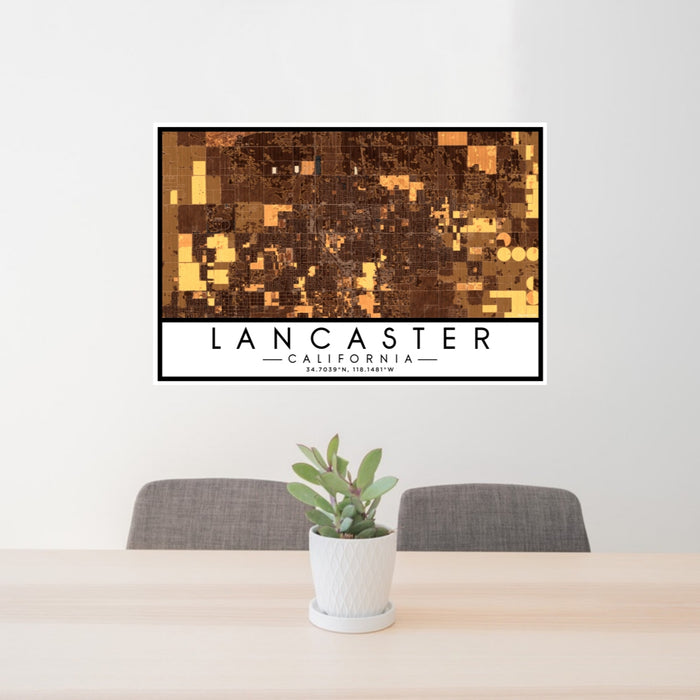24x36 Lancaster California Map Print Lanscape Orientation in Ember Style Behind 2 Chairs Table and Potted Plant