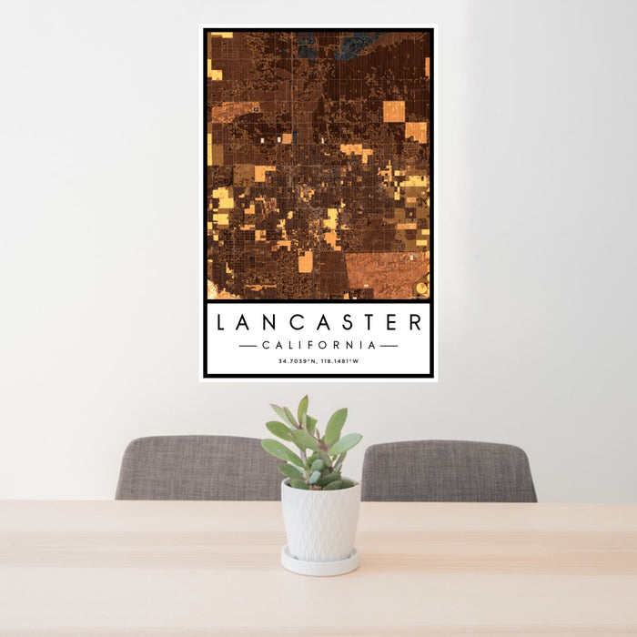 24x36 Lancaster California Map Print Portrait Orientation in Ember Style Behind 2 Chairs Table and Potted Plant