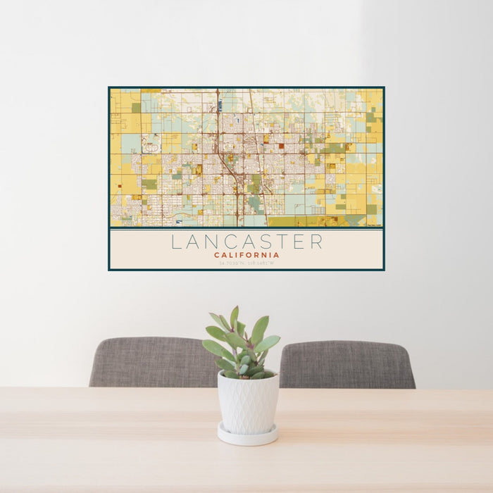 24x36 Lancaster California Map Print Lanscape Orientation in Woodblock Style Behind 2 Chairs Table and Potted Plant