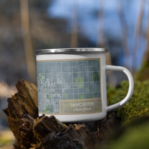 Right View Custom Lancaster California Map Enamel Mug in Afternoon on Grass With Trees in Background