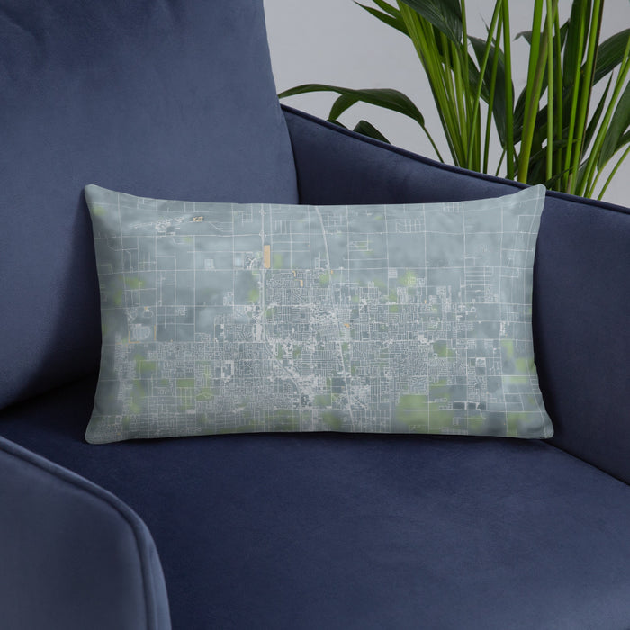 Custom Lancaster California Map Throw Pillow in Afternoon on Blue Colored Chair