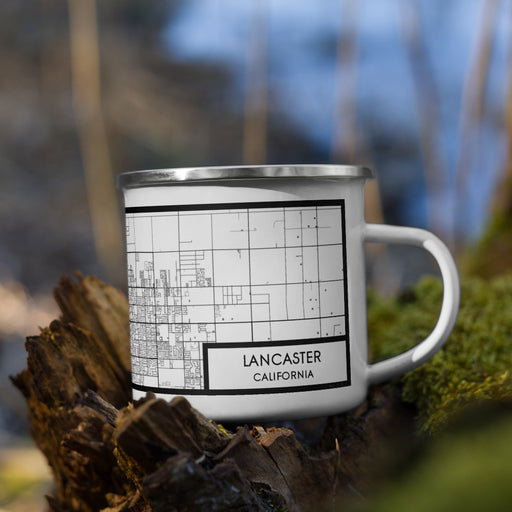 Right View Custom Lancaster California Map Enamel Mug in Classic on Grass With Trees in Background