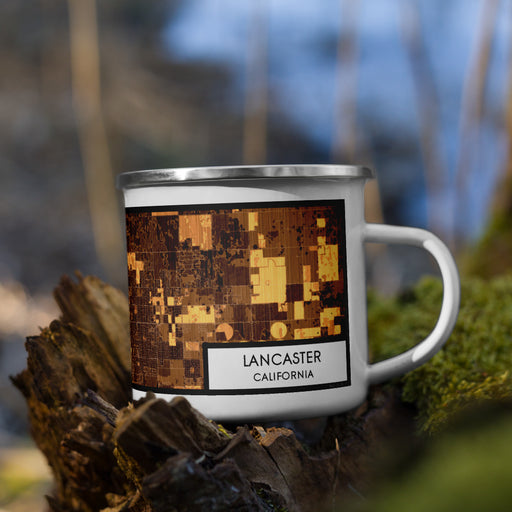 Right View Custom Lancaster California Map Enamel Mug in Ember on Grass With Trees in Background