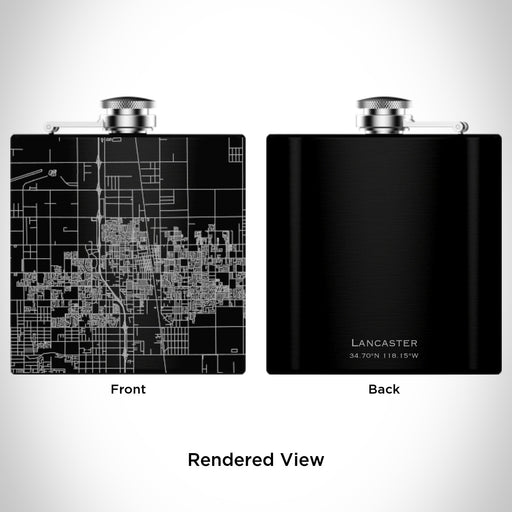 Rendered View of Lancaster California Map Engraving on 6oz Stainless Steel Flask in Black