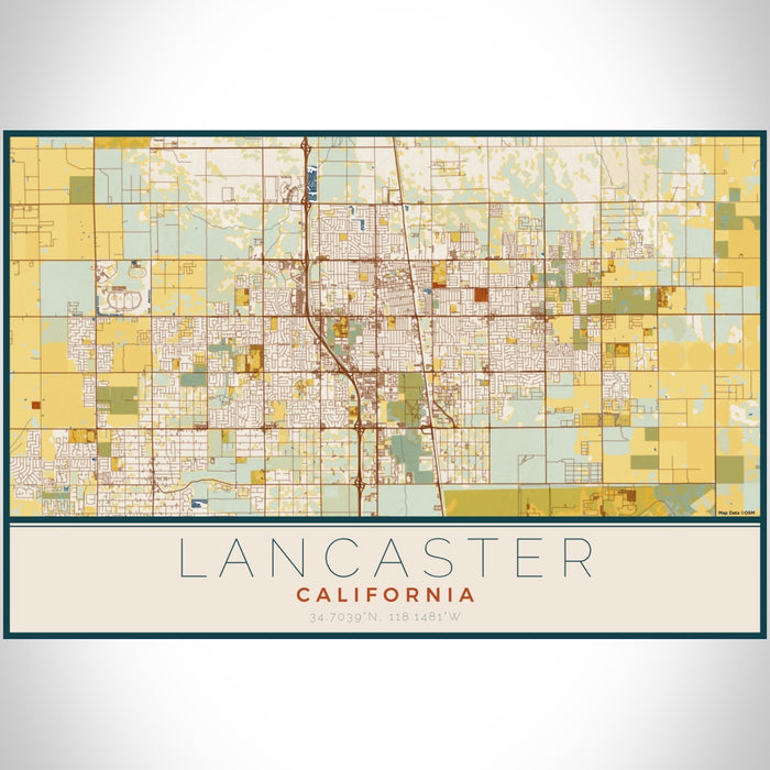 Lancaster California Map Print Landscape Orientation in Woodblock Style With Shaded Background