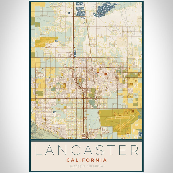 Lancaster California Map Print Portrait Orientation in Woodblock Style With Shaded Background