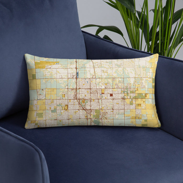 Custom Lancaster California Map Throw Pillow in Woodblock on Blue Colored Chair