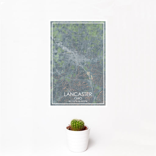 12x18 Lancaster Ohio Map Print Portrait Orientation in Afternoon Style With Small Cactus Plant in White Planter
