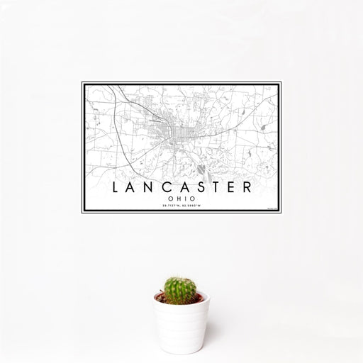 12x18 Lancaster Ohio Map Print Landscape Orientation in Classic Style With Small Cactus Plant in White Planter
