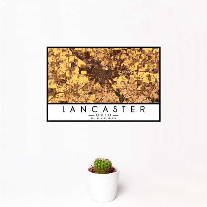12x18 Lancaster Ohio Map Print Landscape Orientation in Ember Style With Small Cactus Plant in White Planter