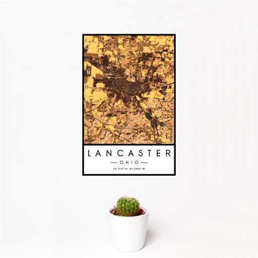 12x18 Lancaster Ohio Map Print Portrait Orientation in Ember Style With Small Cactus Plant in White Planter