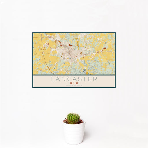 12x18 Lancaster Ohio Map Print Landscape Orientation in Woodblock Style With Small Cactus Plant in White Planter