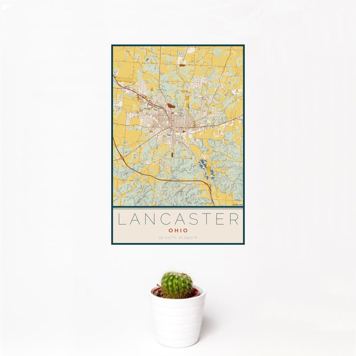 12x18 Lancaster Ohio Map Print Portrait Orientation in Woodblock Style With Small Cactus Plant in White Planter