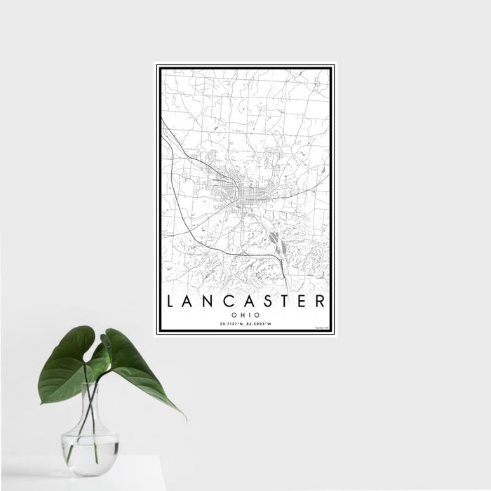 16x24 Lancaster Ohio Map Print Portrait Orientation in Classic Style With Tropical Plant Leaves in Water