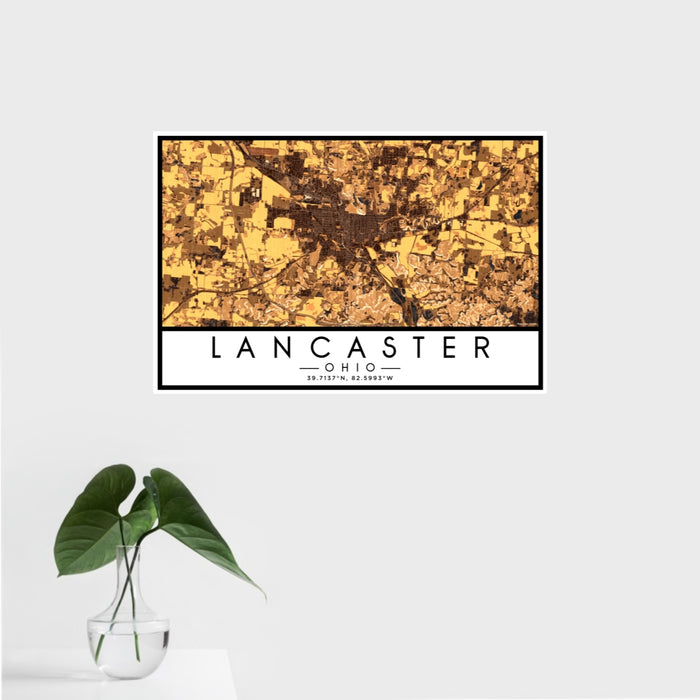 16x24 Lancaster Ohio Map Print Landscape Orientation in Ember Style With Tropical Plant Leaves in Water