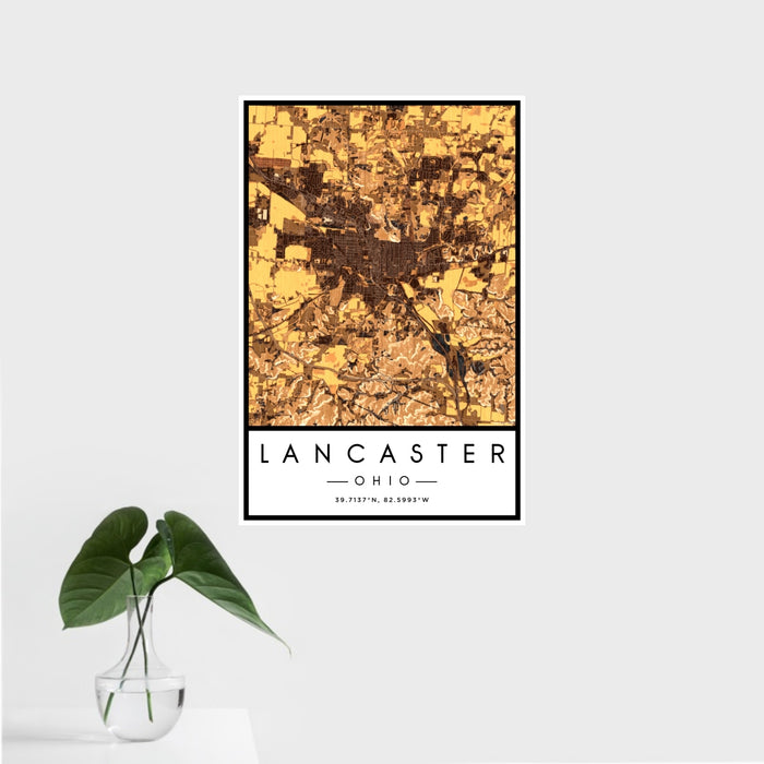 16x24 Lancaster Ohio Map Print Portrait Orientation in Ember Style With Tropical Plant Leaves in Water