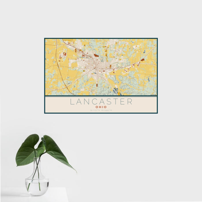 16x24 Lancaster Ohio Map Print Landscape Orientation in Woodblock Style With Tropical Plant Leaves in Water