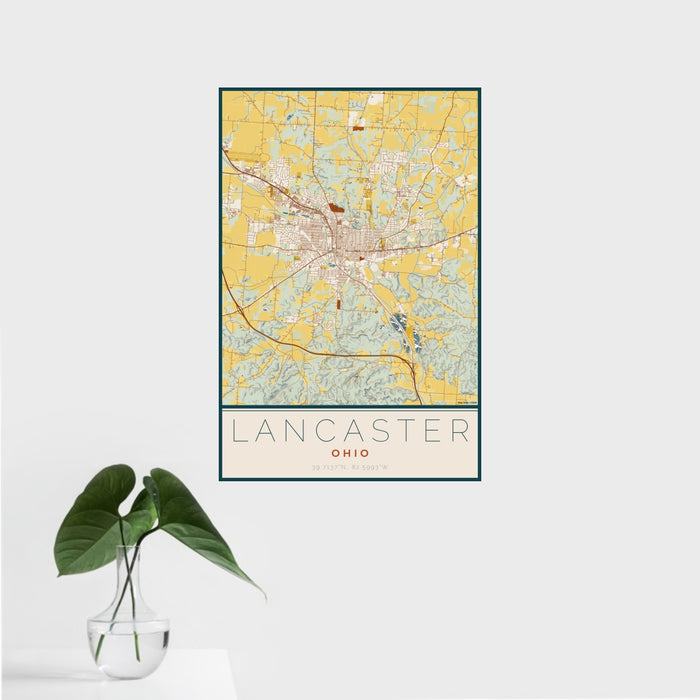 16x24 Lancaster Ohio Map Print Portrait Orientation in Woodblock Style With Tropical Plant Leaves in Water