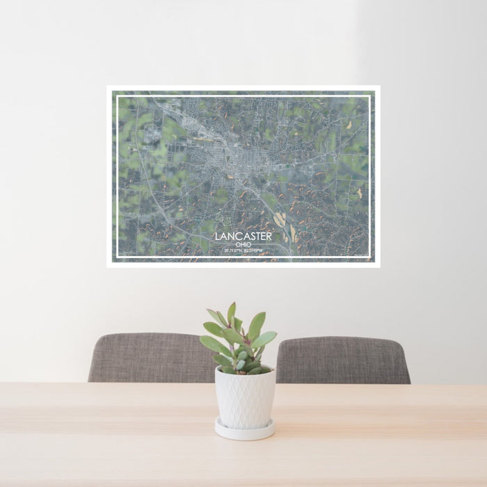 24x36 Lancaster Ohio Map Print Lanscape Orientation in Afternoon Style Behind 2 Chairs Table and Potted Plant